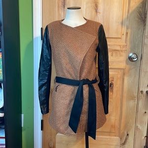 ANTHRO Lucy Paris Fuzzy Brown Faux Leather Belted Jacket EUC L